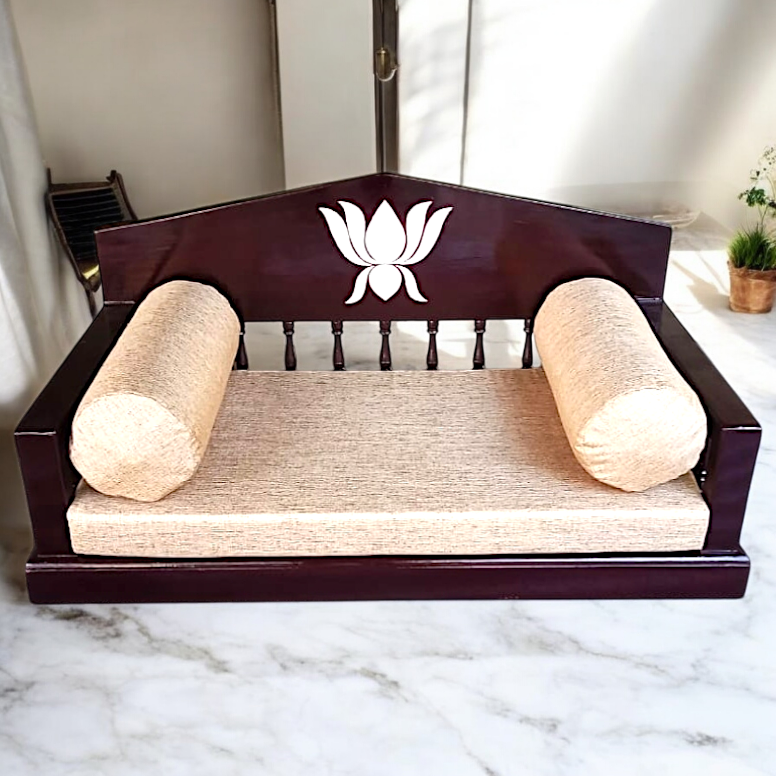 Handcrafted Rosewood Swing (Oonjal/Jhula) – 5ft x 2ft with Lotus Inlay, 7ft Brass Chains, 4 Elephants & 4 Peacocks Nikuressence