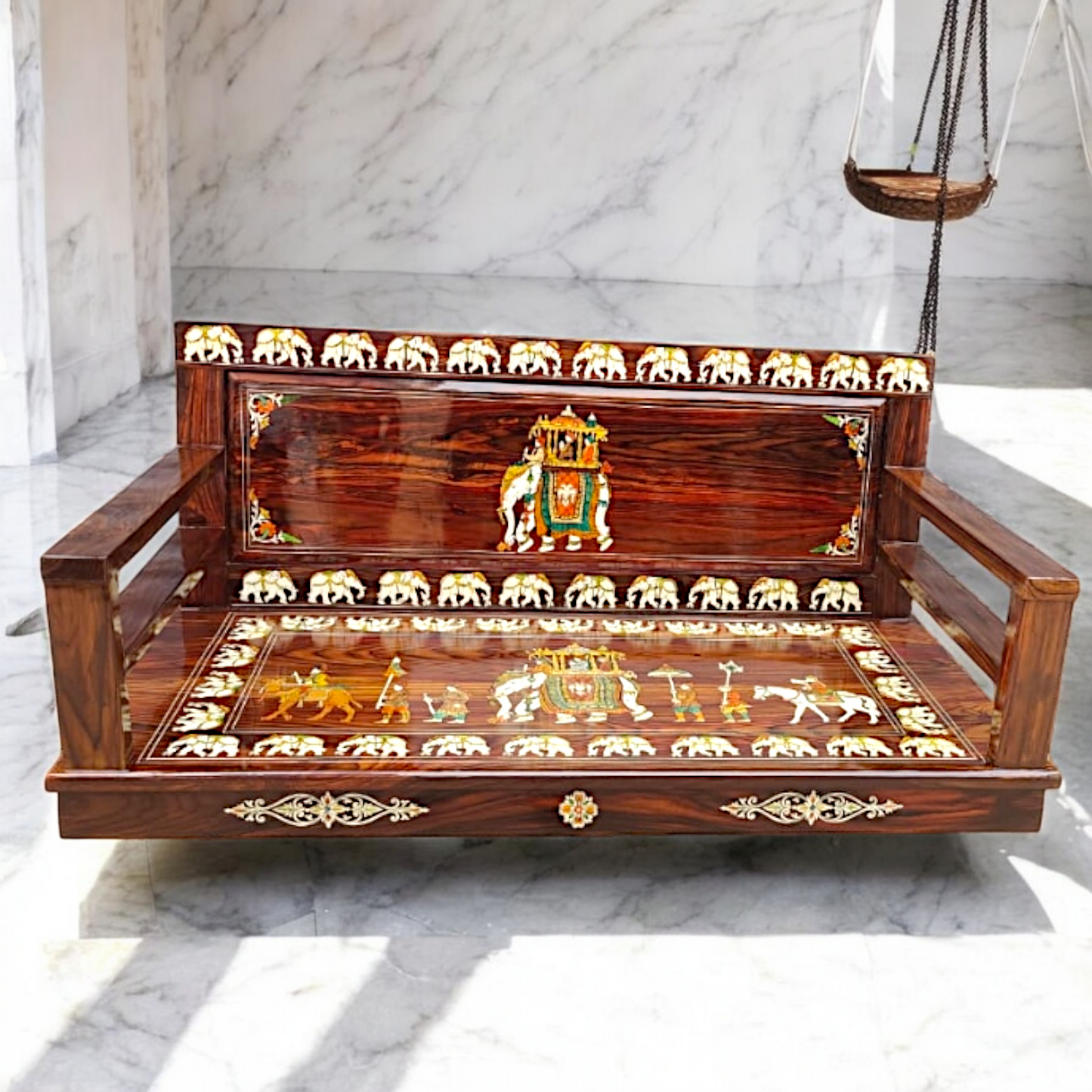 Nikur Essence Handcrafted Rosewood Swing | 5ft Oonjal with Brass Chains for Balcony & Indoor Spaces Nikuressence