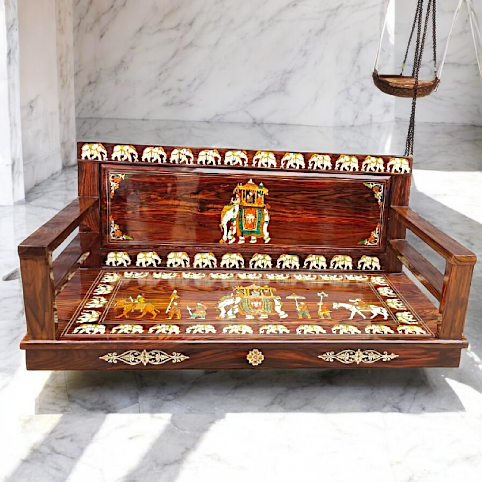 Nikur Essence Handcrafted Rosewood Swing | 5ft Oonjal with Brass Chains for Balcony & Indoor Spaces Nikuressence