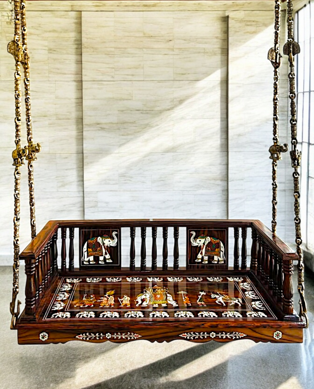 Nikur Essence Handcrafted Rosewood Swing Plank – 5ft Wooden Jhoola with 4 Brass Chains, Elephant & Peacock Carvings, Ceiling Hooks & Plank Joints Nikuressence