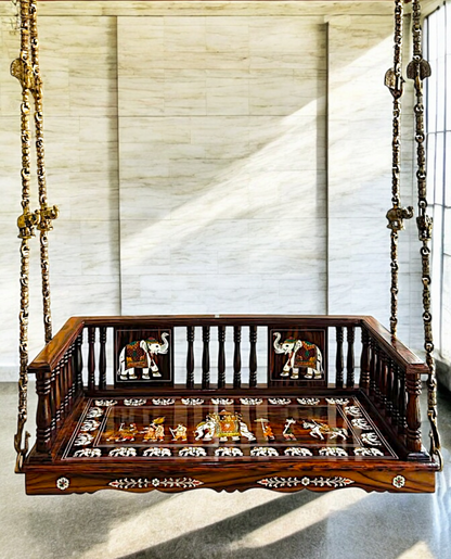 Nikur Essence Handcrafted Rosewood Swing Plank – 5ft Wooden Jhoola with 4 Brass Chains, Elephant & Peacock Carvings, Ceiling Hooks & Plank Joints Nikuressence