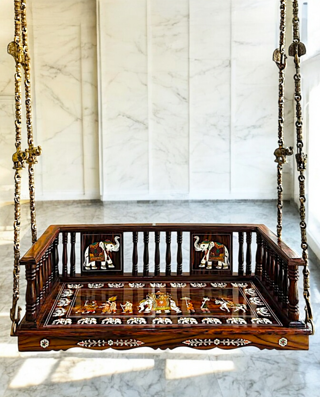 Nikur Essence Handcrafted Rosewood Swing Plank – 5ft Wooden Jhoola with 4 Brass Chains, Elephant & Peacock Carvings, Ceiling Hooks & Plank Joints Nikuressence