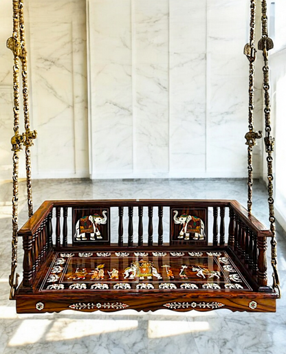 Nikur Essence Handcrafted Rosewood Swing Plank – 5ft Wooden Jhoola with 4 Brass Chains, Elephant & Peacock Carvings, Ceiling Hooks & Plank Joints Nikuressence
