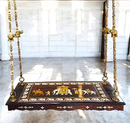 Handcrafted Rosewood Swing Plank – 4 feet Wooden Jhoola with 4 Solid Brass Chains & Ceiling Hooks | Luxury Oonjal for Home & Temple -Nikur Essence Nikuressence