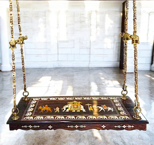 Handcrafted Rosewood Swing Plank – 4 feet Wooden Jhoola with 4 Solid Brass Chains & Ceiling Hooks | Luxury Oonjal for Home & Temple -Nikur Essence Nikuressence