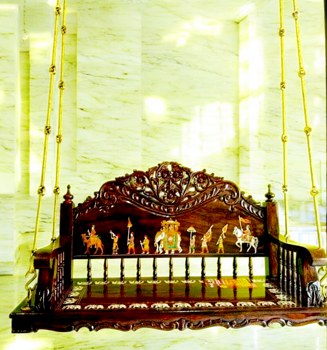 Handcrafted Rosewood Oonjal (Swing/Jhoola) with Solid Brass Chains & Ceiling Hooks- Nikur Essence Nikuressence