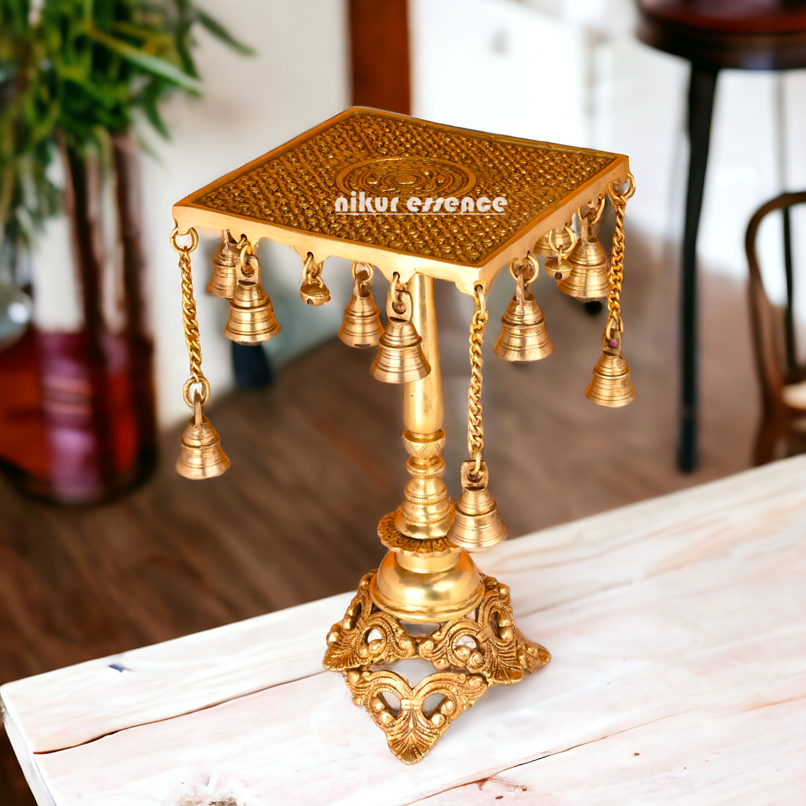 Pure Brass Table/Stool with hanging Bells - 35.56 cm Nikuressence