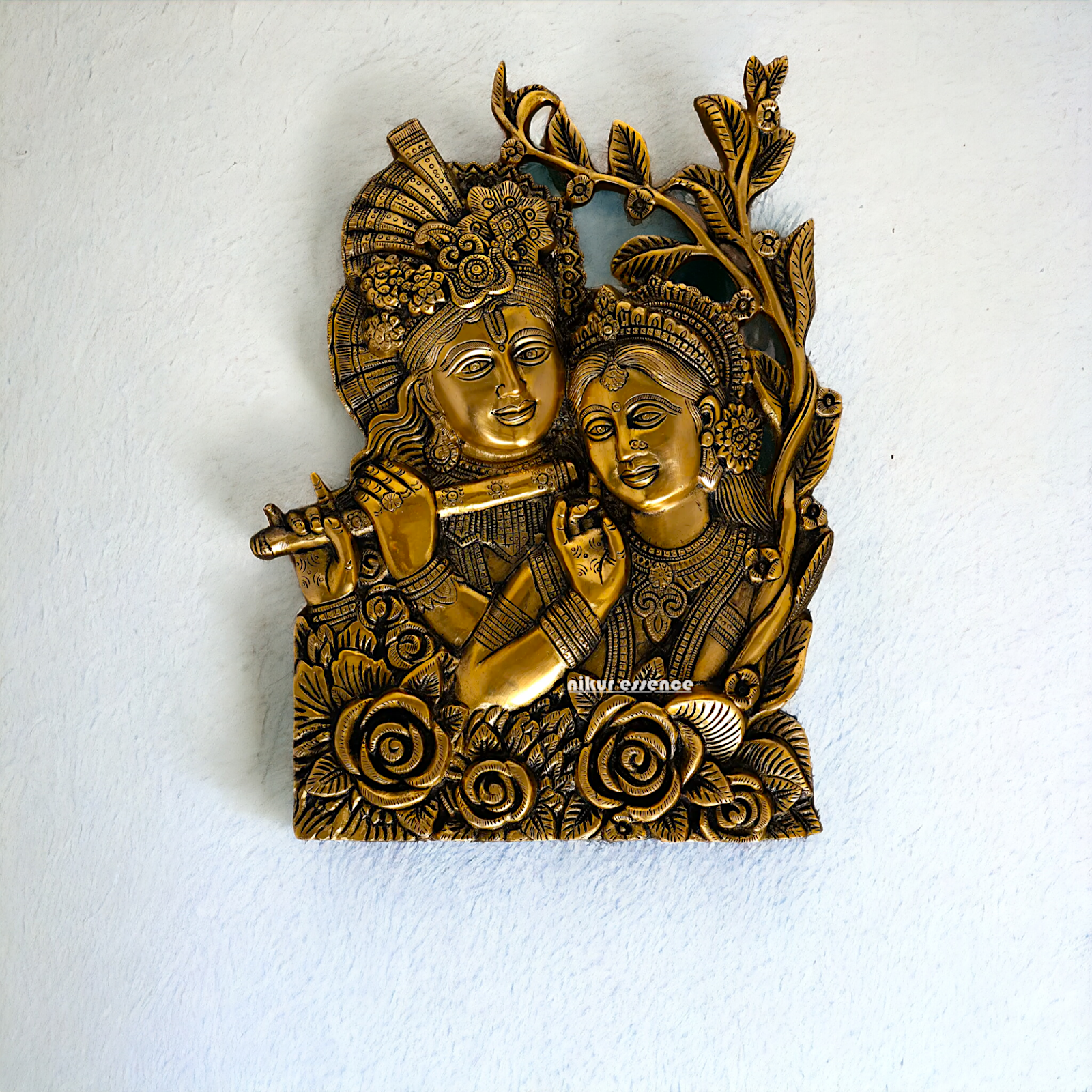 Radha Krishna Pure Brass ki Murti Wall Hanging- 14 Inches Nikuressence
