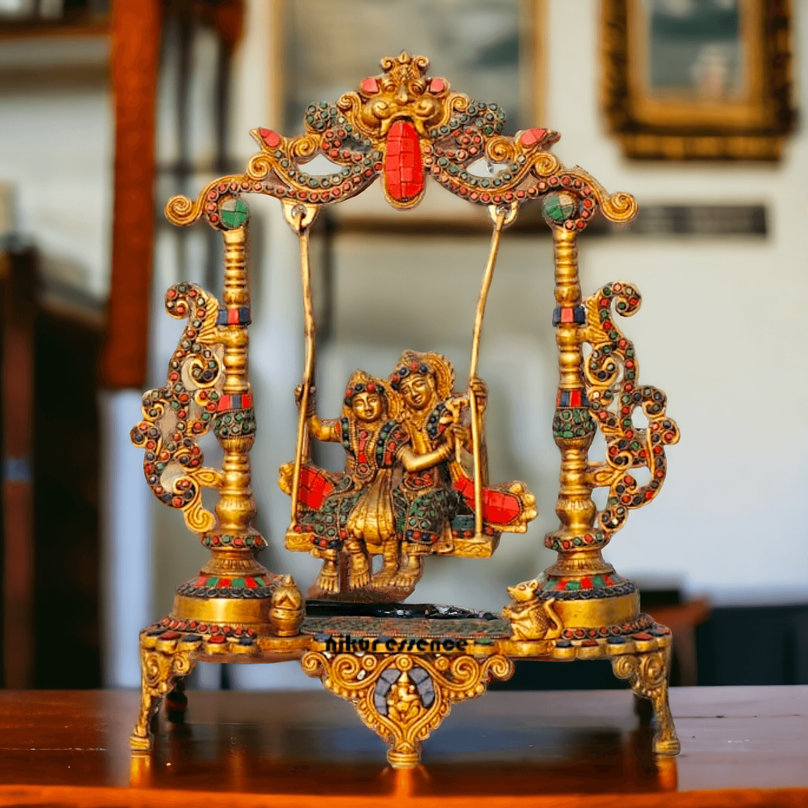 Brass Radha Krishna Jhula Stone God Idol Statue for Home Decor, Pooja Room, and Gifts Nikuressence