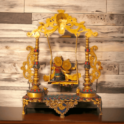 Brass Radha Krishna Jhula Stone God Idol Statue for Home Decor, Pooja Room, and Gifts Nikuressence