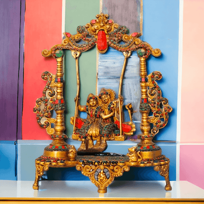 Brass Radha Krishna Jhula Stone God Idol Statue for Home Decor, Pooja Room, and Gifts Nikuressence