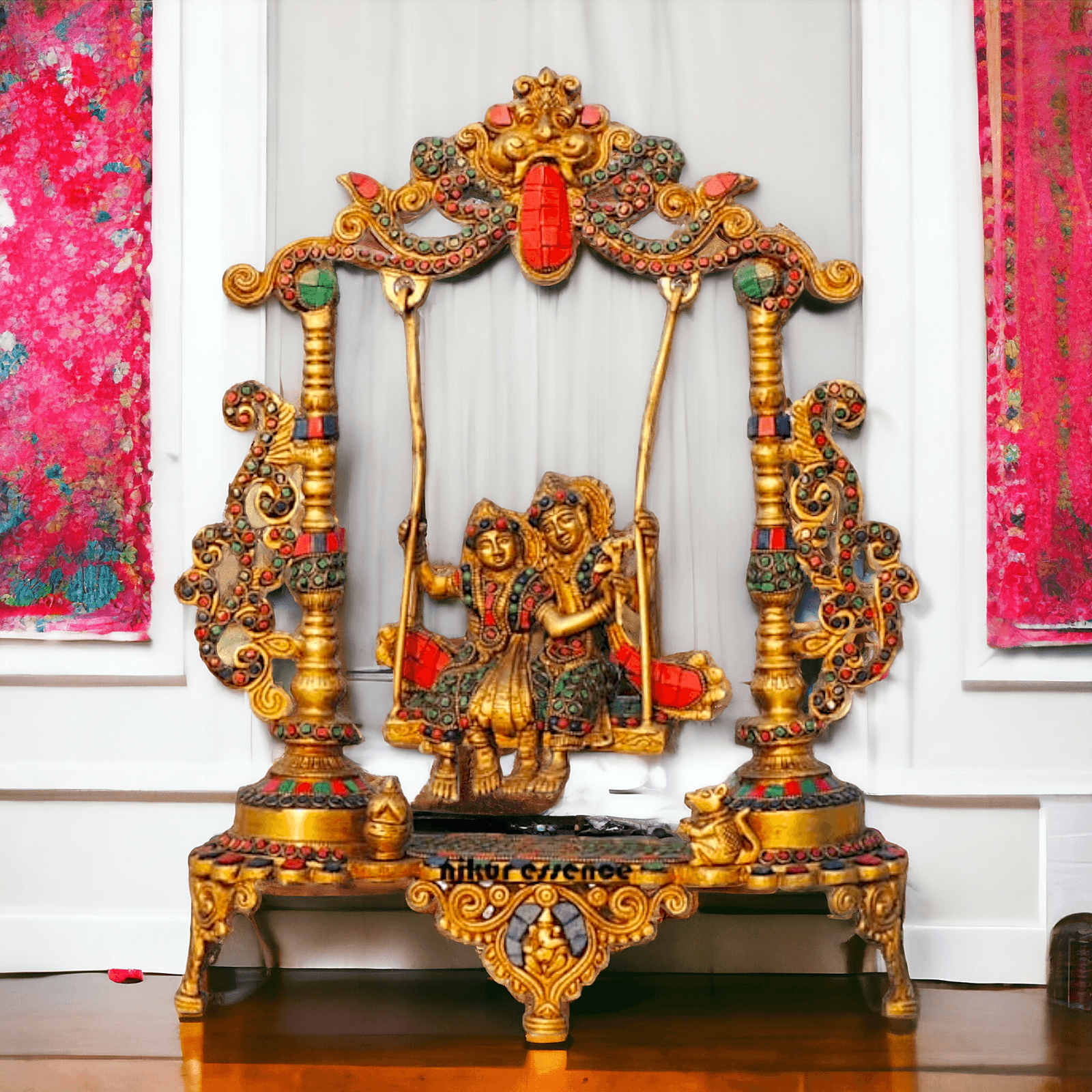 Brass Radha Krishna Jhula Stone God Idol Statue for Home Decor, Pooja Room, and Gifts Nikuressence