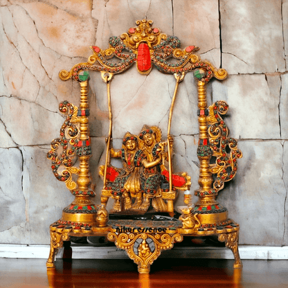 Brass Radha Krishna Jhula Stone God Idol Statue for Home Decor, Pooja Room, and Gifts Nikuressence