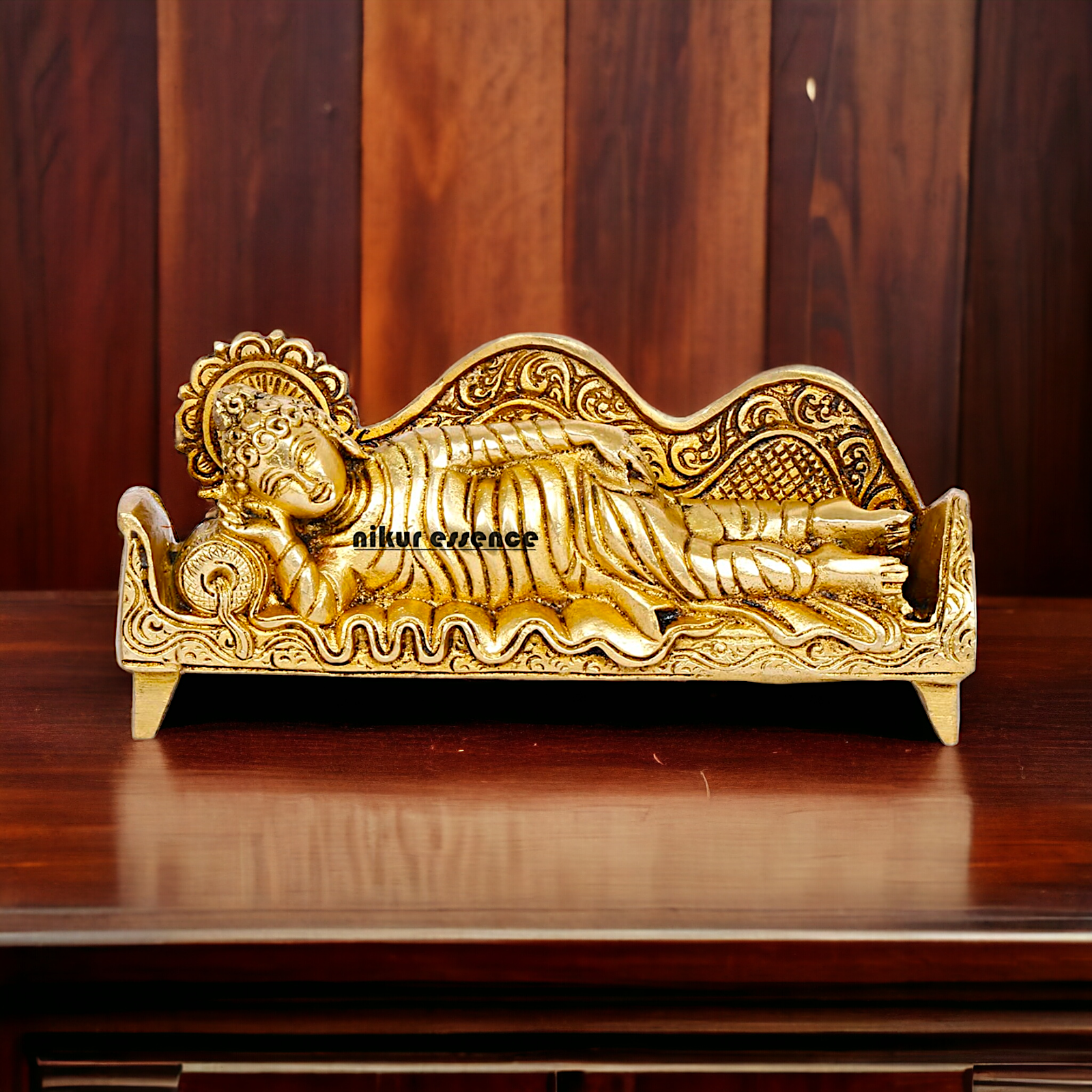 Sleeping Buddha Idol in brass- 16 cm Resting Tibetan Buddhism Statue with Intricate Detailing for Spiritual Serenity and Decorative Elegance Nikuressence