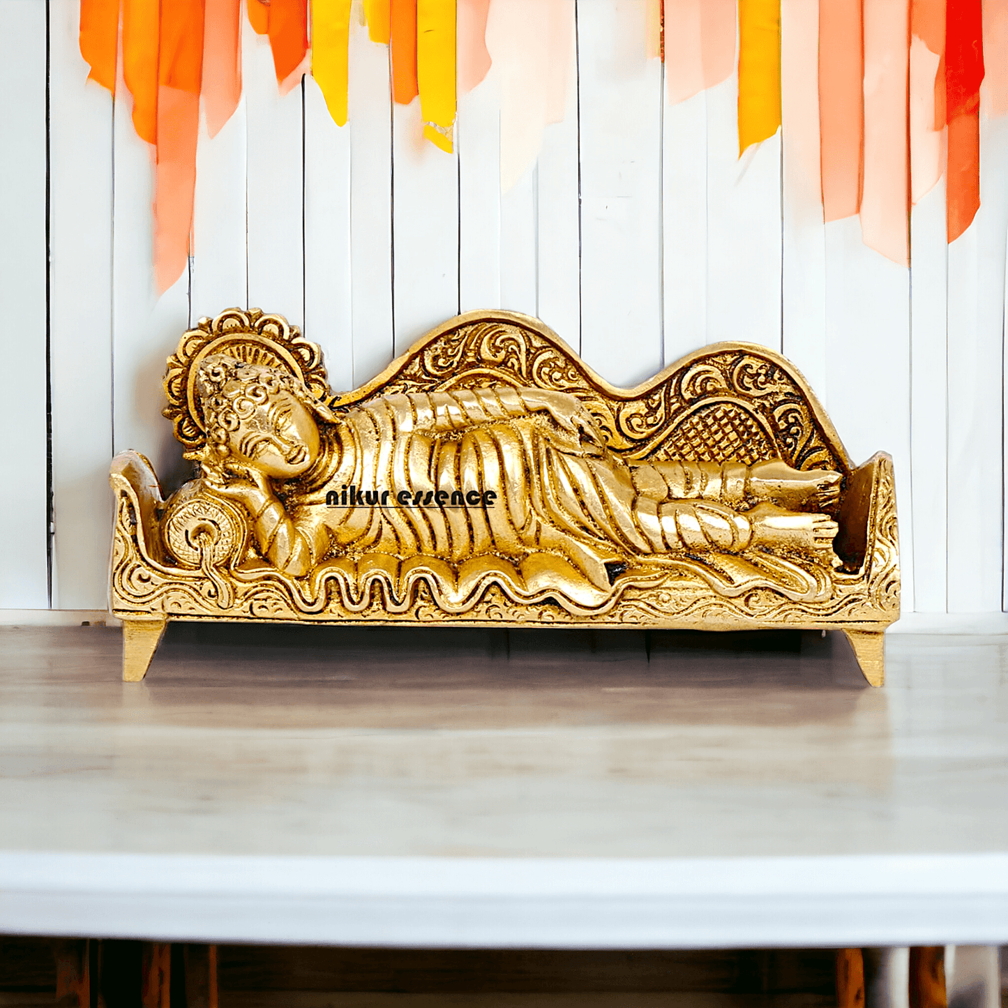 Sleeping Buddha Idol in brass- 16 cm Resting Tibetan Buddhism Statue with Intricate Detailing for Spiritual Serenity and Decorative Elegance Nikuressence