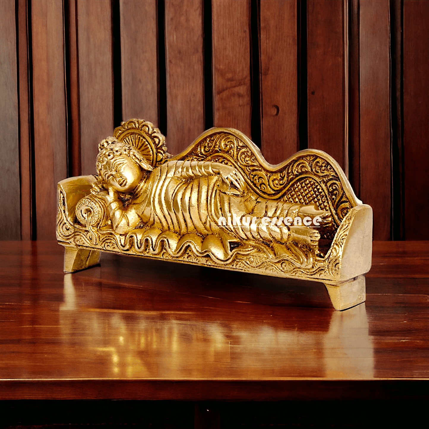 Sleeping Buddha Idol in brass- 16 cm Resting Tibetan Buddhism Statue with Intricate Detailing for Spiritual Serenity and Decorative Elegance Nikuressence