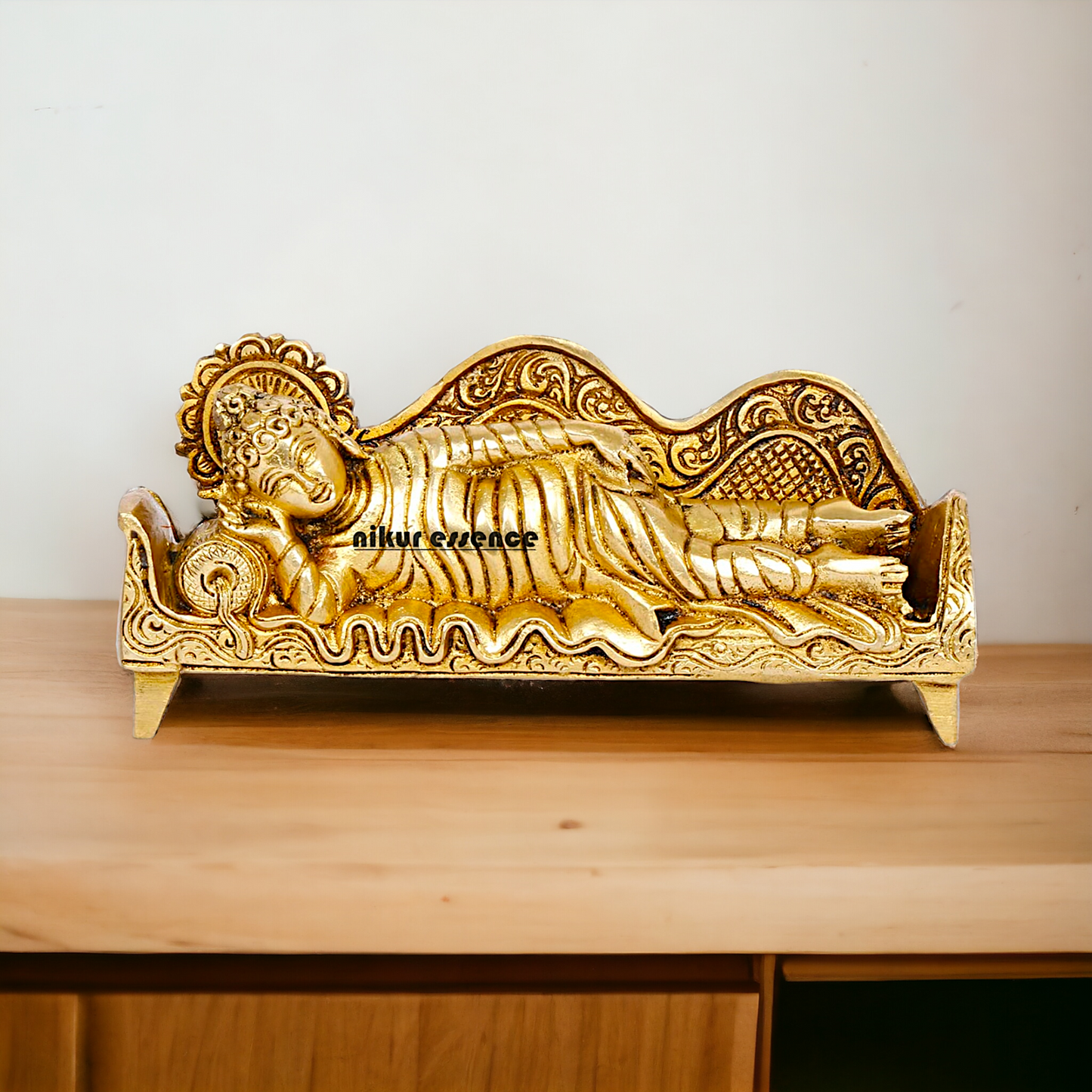 Sleeping Buddha Idol in brass- 16 cm Resting Tibetan Buddhism Statue with Intricate Detailing for Spiritual Serenity and Decorative Elegance Nikuressence