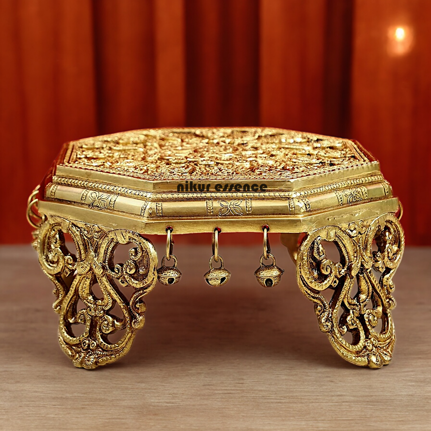 Solid Braas Chowki with Bells Goongru - 11.5 cm Nikuressence