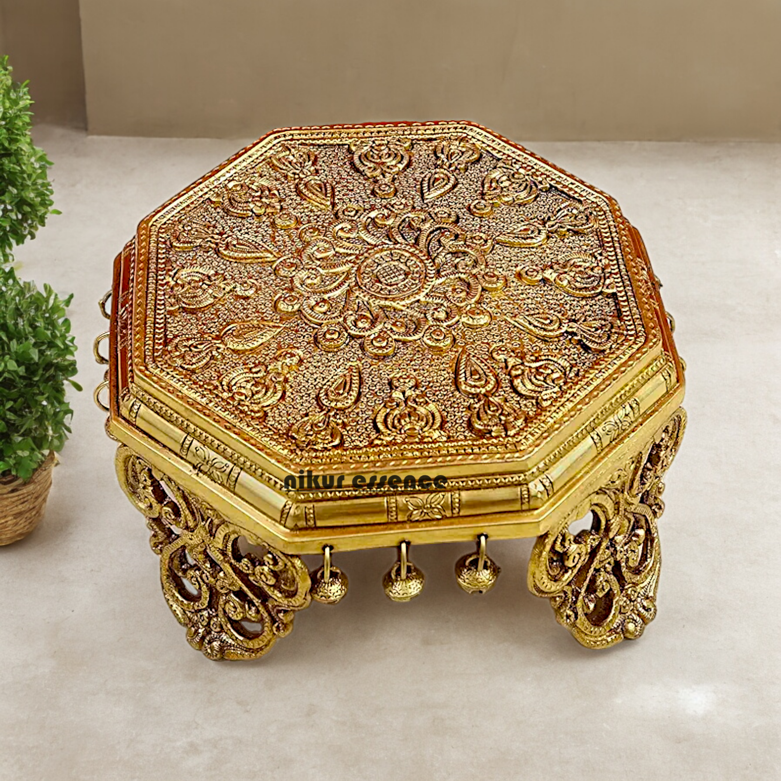 Solid Braas Chowki with Bells Goongru - 11.5 cm Nikuressence