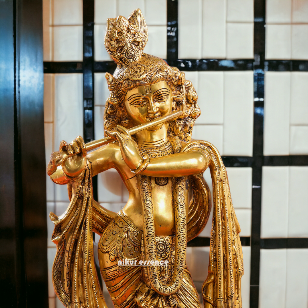 Shop Solid Brass Krishna Standing Playing Flute Idol - 26.5 inches Nikuressence