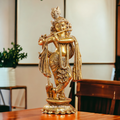 Shop Solid Brass Krishna Standing Playing Flute Idol - 26.5 inches Nikuressence