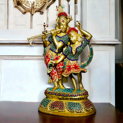 Brass Statue of Radha and Krishna Engaged in Ecstatic Dance with Intricate Inlay Work - Handcrafted Indian Religious Nikuressence