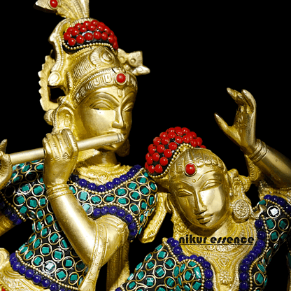 Brass Statue of Radha and Krishna Engaged in Ecstatic Dance with Intricate Inlay Work - Handcrafted Indian Religious Nikuressence