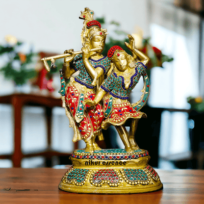 Brass Statue of Radha and Krishna Engaged in Ecstatic Dance with Intricate Inlay Work - Handcrafted Indian Religious Nikuressence