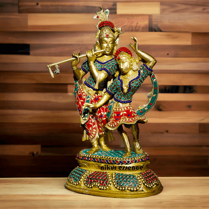 Brass Statue of Radha and Krishna Engaged in Ecstatic Dance with Intricate Inlay Work - Handcrafted Indian Religious Nikuressence