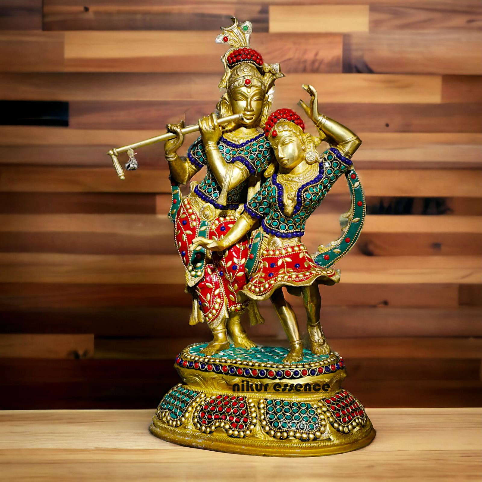 Brass Statue of Radha and Krishna Engaged in Ecstatic Dance with Intricate Inlay Work - Handcrafted Indian Religious Nikuressence