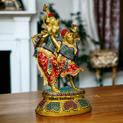 Brass Statue of Radha and Krishna Engaged in Ecstatic Dance with Intricate Inlay Work - Handcrafted Indian Religious Nikuressence