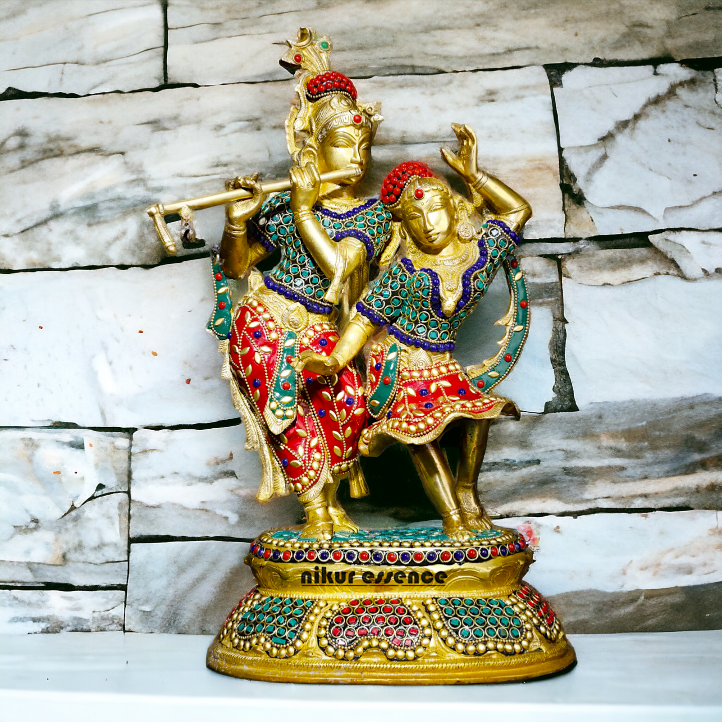 Brass Statue of Radha and Krishna Engaged in Ecstatic Dance with Intricate Inlay Work - Handcrafted Indian Religious Nikuressence
