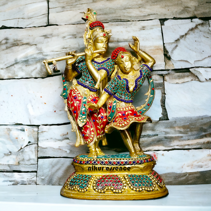 Brass Statue of Radha and Krishna Engaged in Ecstatic Dance with Intricate Inlay Work - Handcrafted Indian Religious Nikuressence