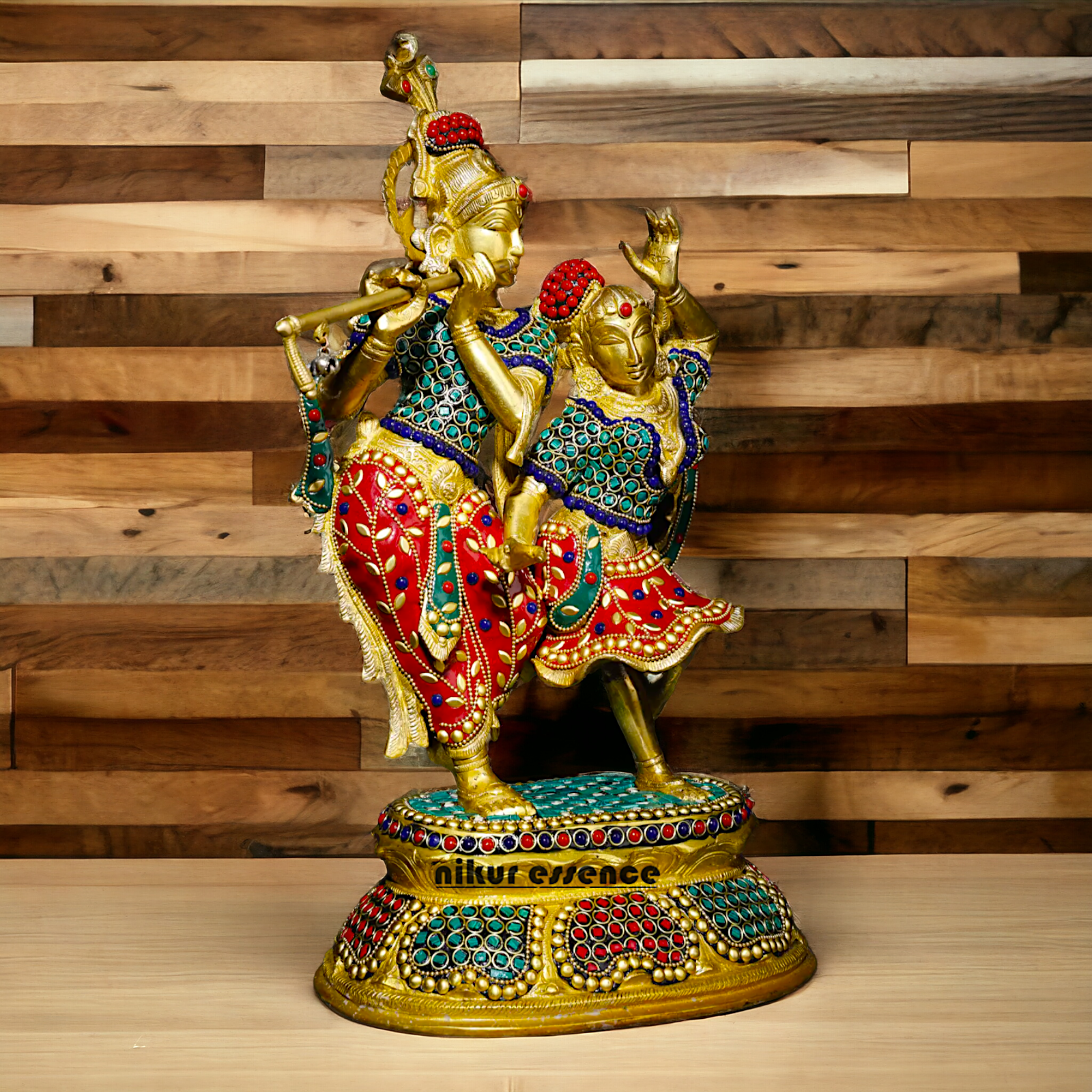 Brass Statue of Radha and Krishna Engaged in Ecstatic Dance with Intricate Inlay Work - Handcrafted Indian Religious Nikuressence