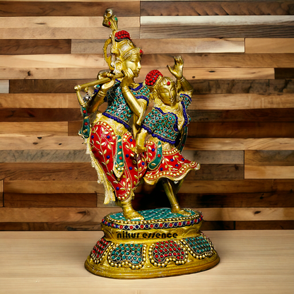 Brass Statue of Radha and Krishna Engaged in Ecstatic Dance with Intricate Inlay Work - Handcrafted Indian Religious Nikuressence
