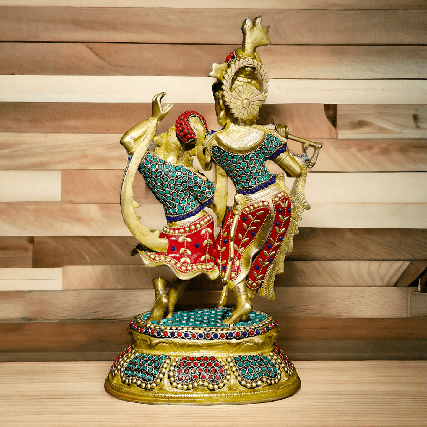 Brass Statue of Radha and Krishna Engaged in Ecstatic Dance with Intricate Inlay Work - Handcrafted Indian Religious Nikuressence