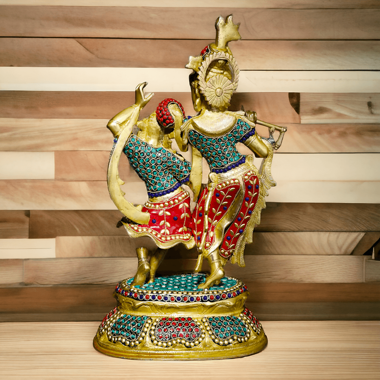 Brass Statue of Radha and Krishna Engaged in Ecstatic Dance with Intricate Inlay Work - Handcrafted Indian Religious Nikuressence