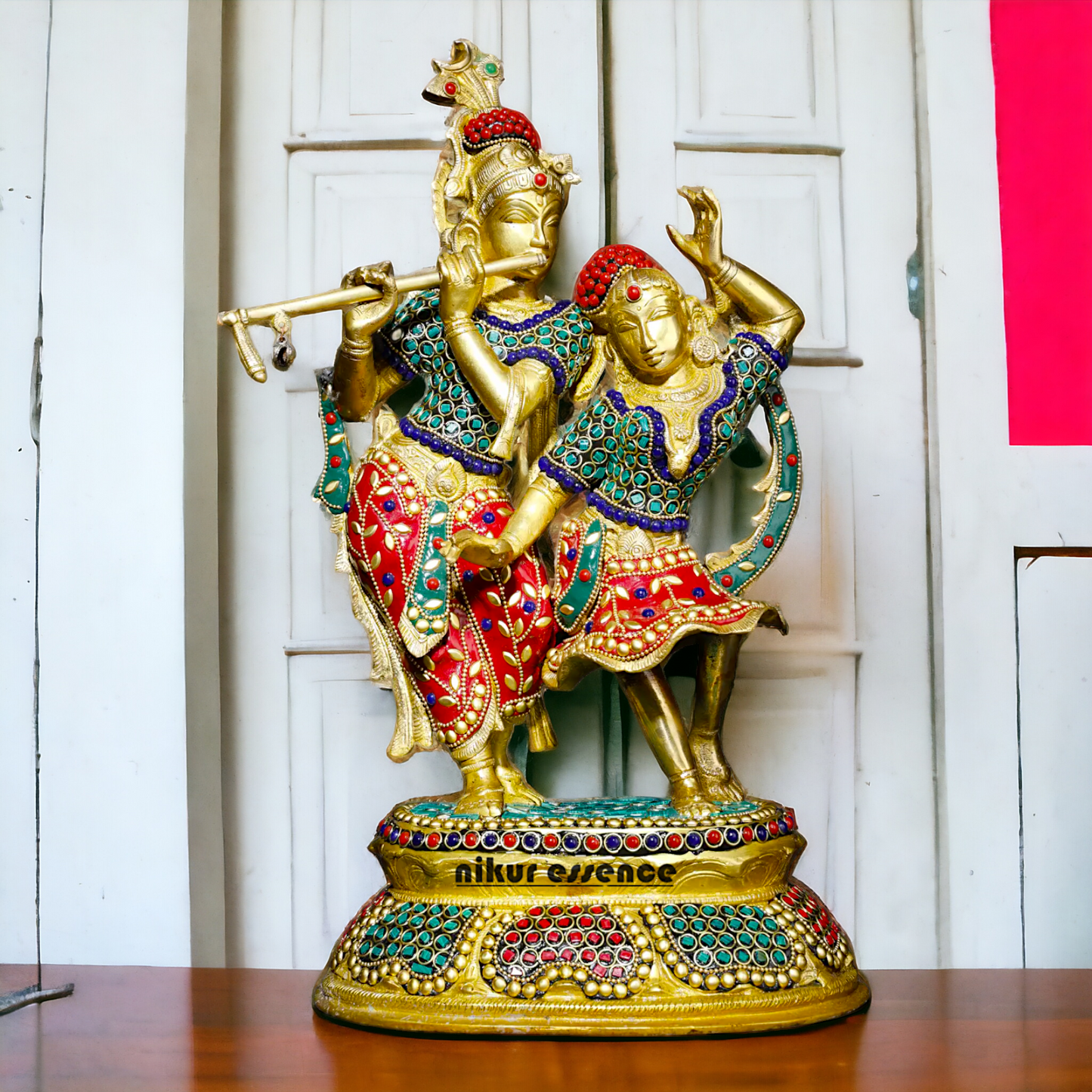 Brass Statue of Radha and Krishna Engaged in Ecstatic Dance with Intricate Inlay Work - Handcrafted Indian Religious Nikuressence