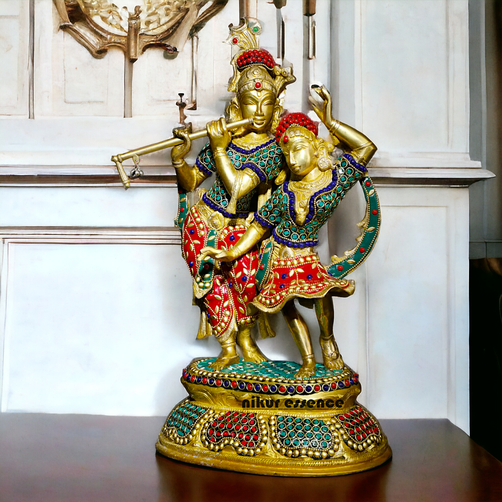 Brass Statue of Radha and Krishna Engaged in Ecstatic Dance with Intricate Inlay Work - Handcrafted Indian Religious Nikuressence