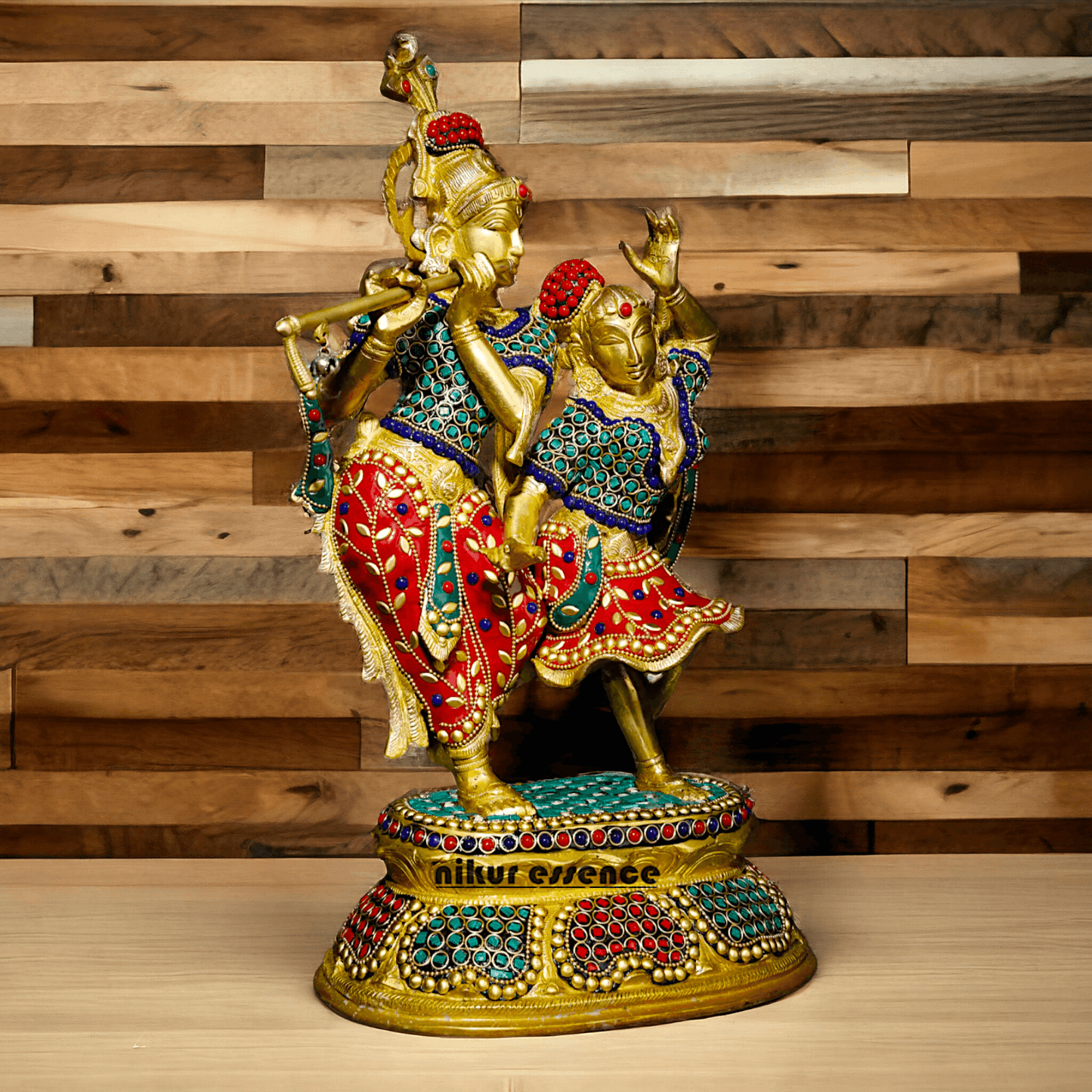 Brass Statue of Radha and Krishna Engaged in Ecstatic Dance with Intricate Inlay Work - Handcrafted Indian Religious Nikuressence