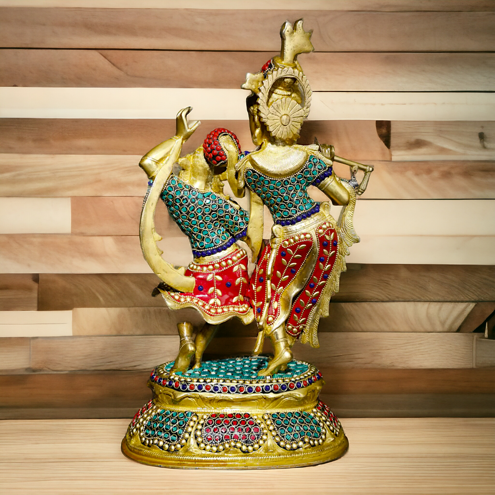 Brass Statue of Radha and Krishna Engaged in Ecstatic Dance with Intricate Inlay Work - Handcrafted Indian Religious Nikuressence
