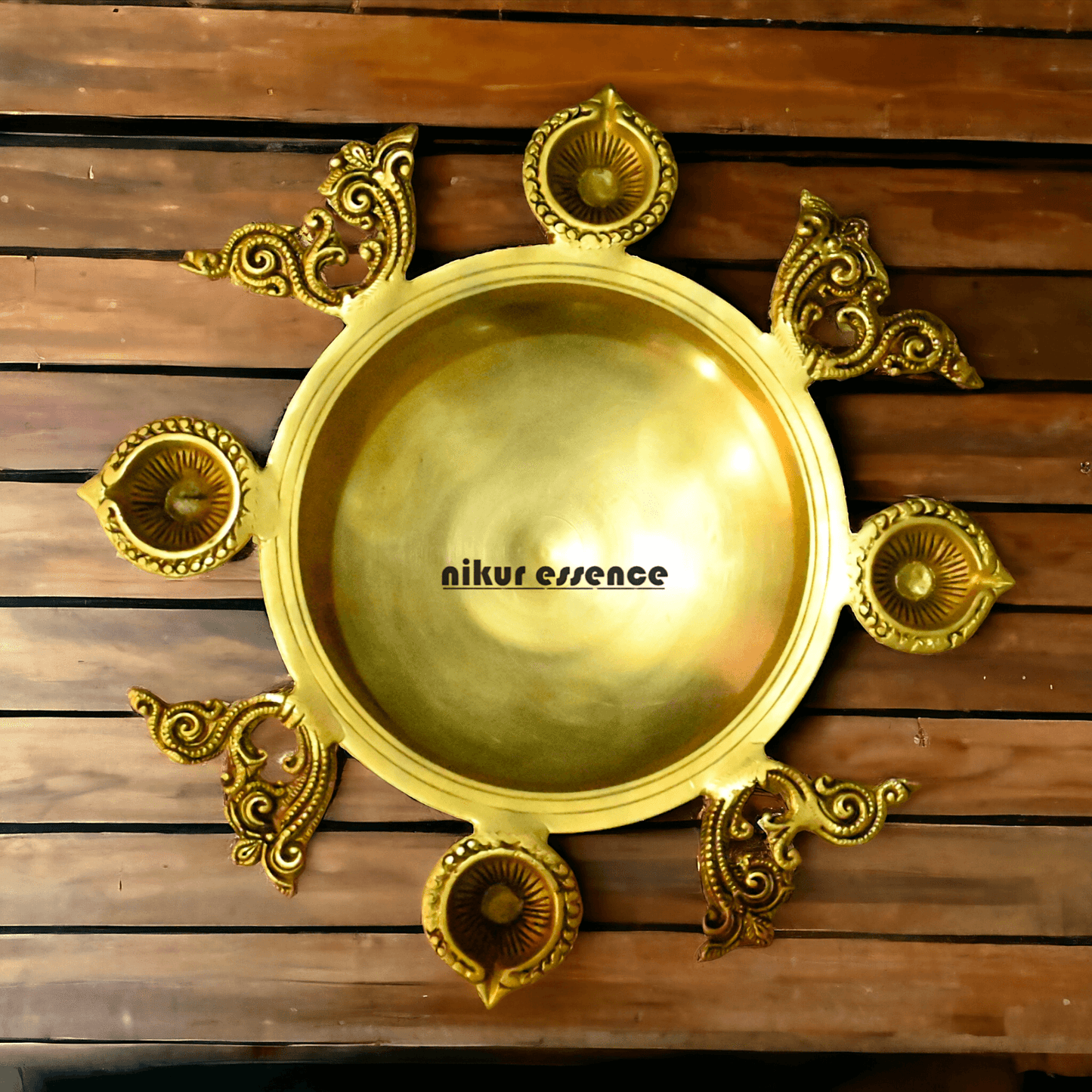Buy Brass Urli Bowl with 4 Diya Holders and Decorative Bells – Traditional Indian Ritual and Home Décor Piece Nikuressence