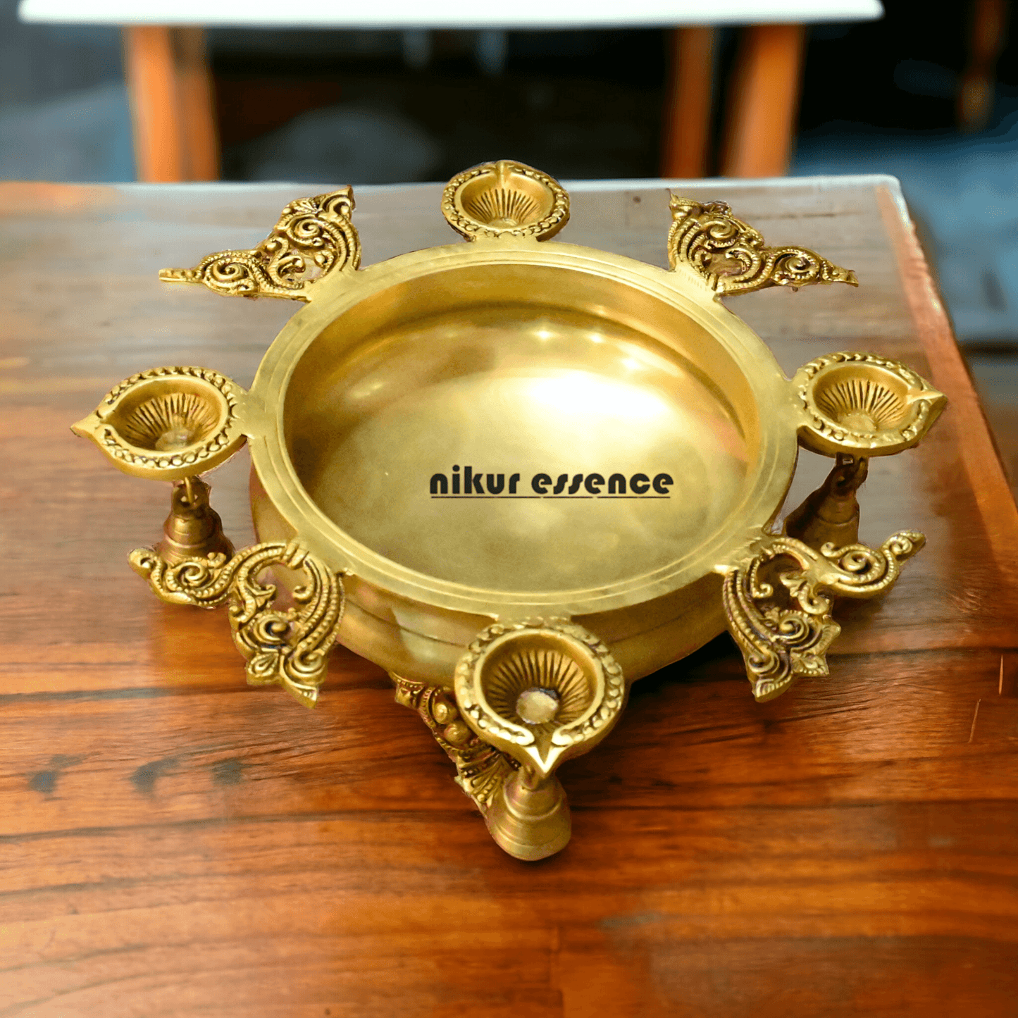 Buy Brass Urli Bowl with 4 Diya Holders and Decorative Bells – Traditional Indian Ritual and Home Décor Piece Nikuressence