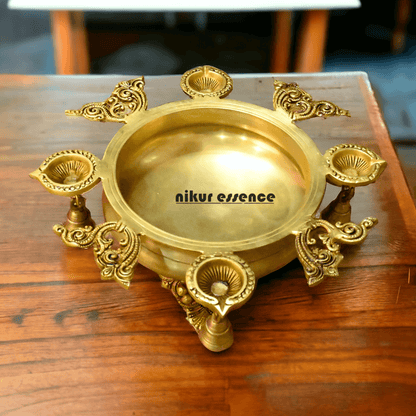 Buy Brass Urli Bowl with 4 Diya Holders and Decorative Bells – Traditional Indian Ritual and Home Décor Piece Nikuressence
