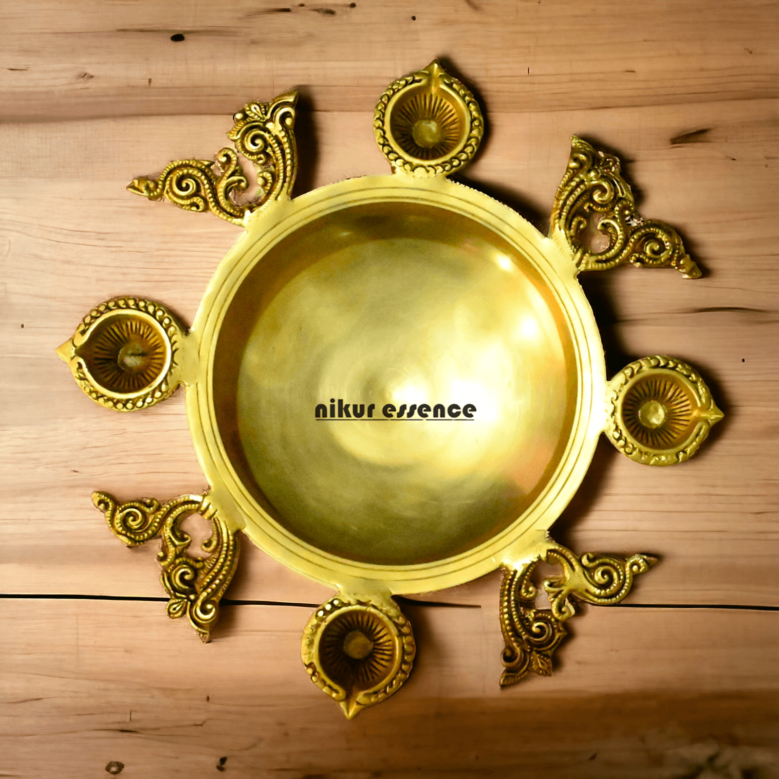 Buy Brass Urli Bowl with 4 Diya Holders and Decorative Bells – Traditional Indian Ritual and Home Décor Piece Nikuressence