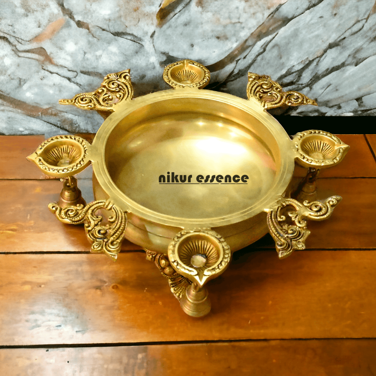 Buy Brass Urli Bowl with 4 Diya Holders and Decorative Bells – Traditional Indian Ritual and Home Décor Piece Nikuressence