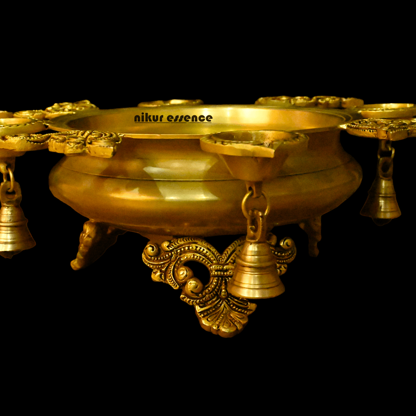 Buy Brass Urli Bowl with 4 Diya Holders and Decorative Bells – Traditional Indian Ritual and Home Décor Piece Nikuressence