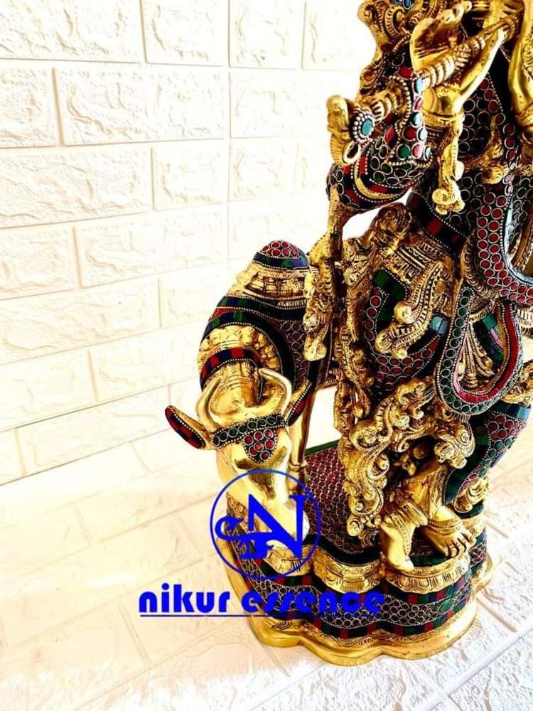 Hindu Brass Krishna with Cow Statue| Beautiful Krishna with Cow Statue with Stone Work-nikur nikuressence