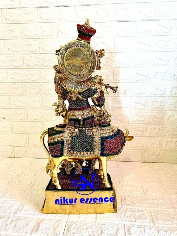 Hindu Brass Krishna with Cow Statue| Beautiful Krishna with Cow Statue with Stone Work-nikur nikuressence