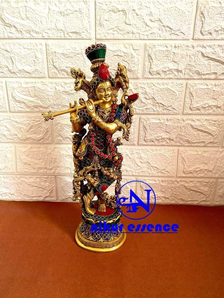 Buy Krishna Brass Statue with Stone Work 14 inch Height nikuressence